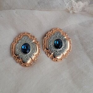 Vintage 1928 Mixed Metal Blue Crystal Clip On Earrings 1980s Victorian Revival